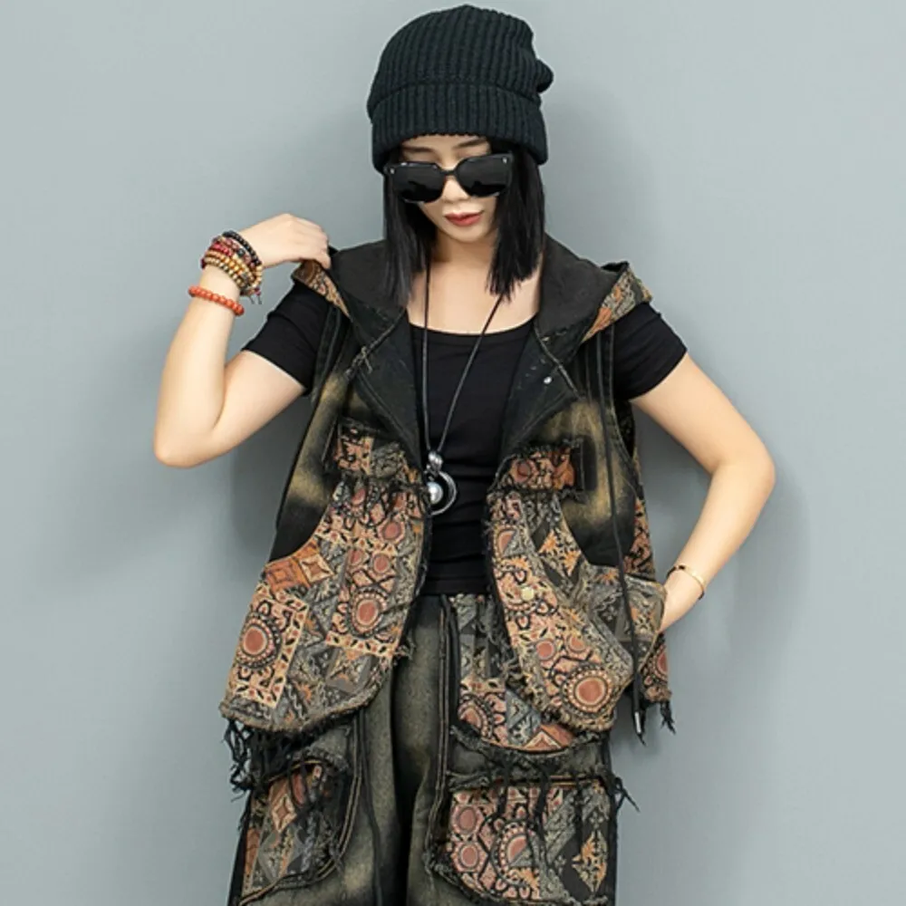 Personalized Vintage Printed Denim Hooded Irregular Vest Women 2024 Autumn LX2347