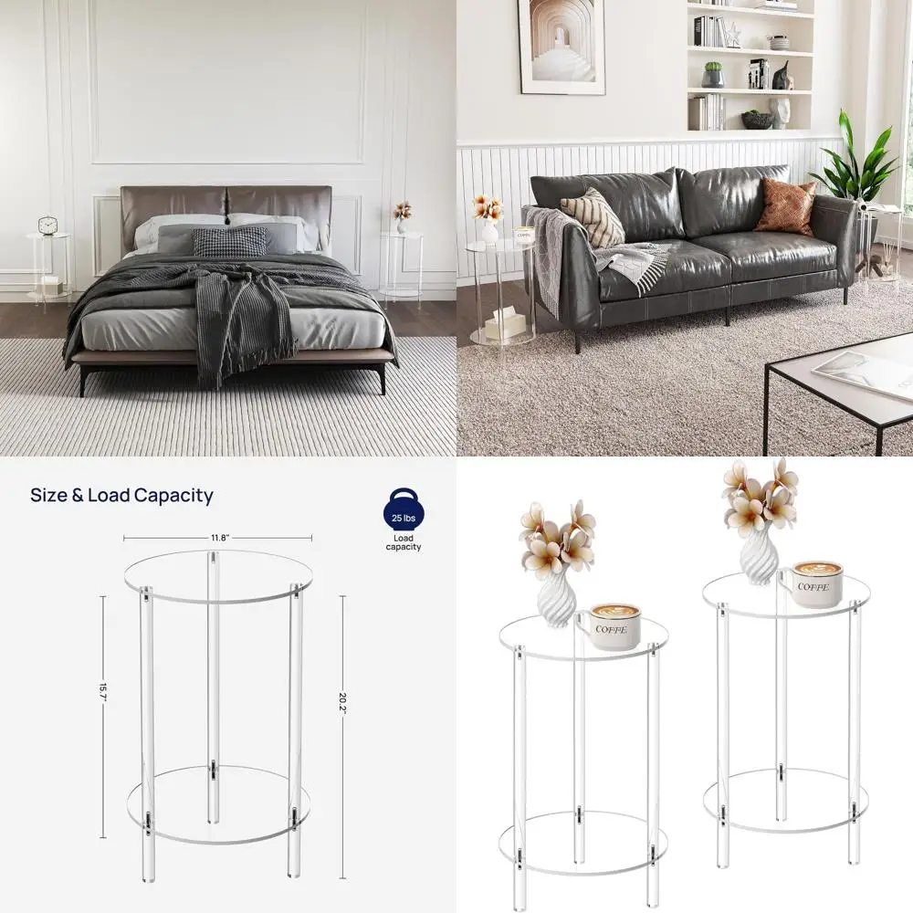 

Pair of Clear Acrylic Side Tables, 11.8 x 11.8 x 20.2, Modern 2-Level Nightstands for Compact Spaces