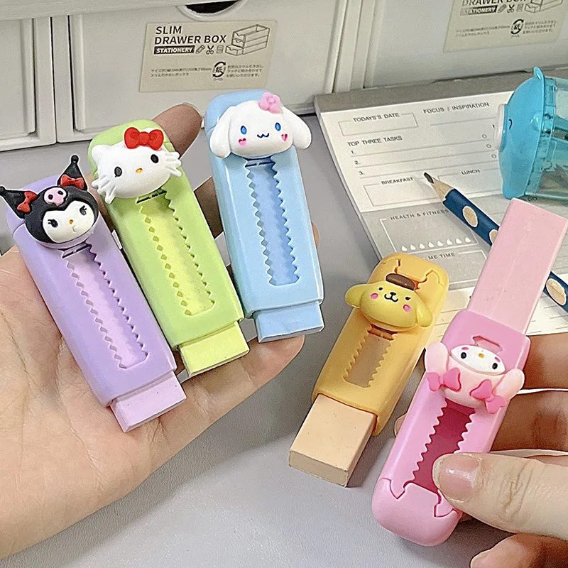 Cute Hello Kitty Push Pull Eraser Kawaii Cartoon Sanrio Kuromi Cinnamoroll Eraser Student Reward Stationery Gift School Supplies