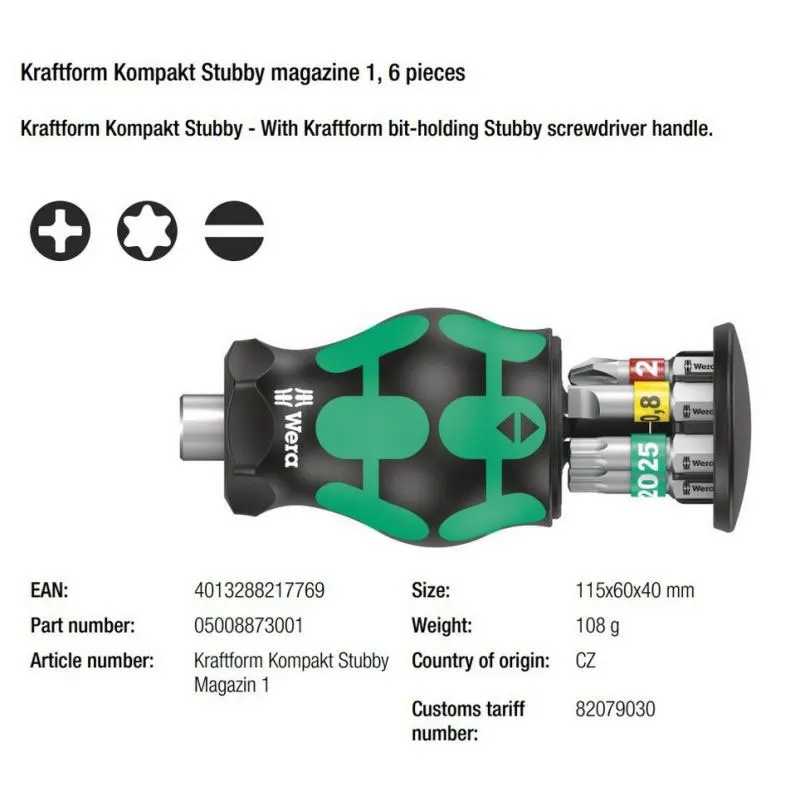 Wera 05008873001 Kraftform Kompakt Stubby with SL/PH/TX Bit Storage 4.5-inch 108Grams Storage Stubby Magazine Bit Holder