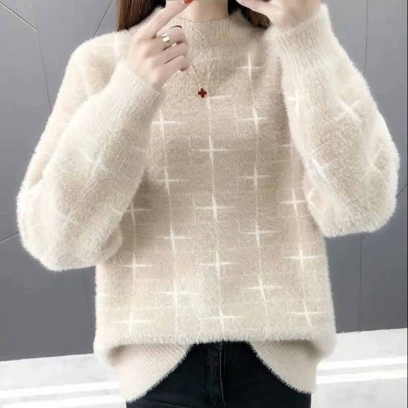 

Spring Half Turtleneck Mink Cashmere Sweater Women Short Pullover Knitwear 3 Color Half High Collar Long Sleeve Knit Tops Female