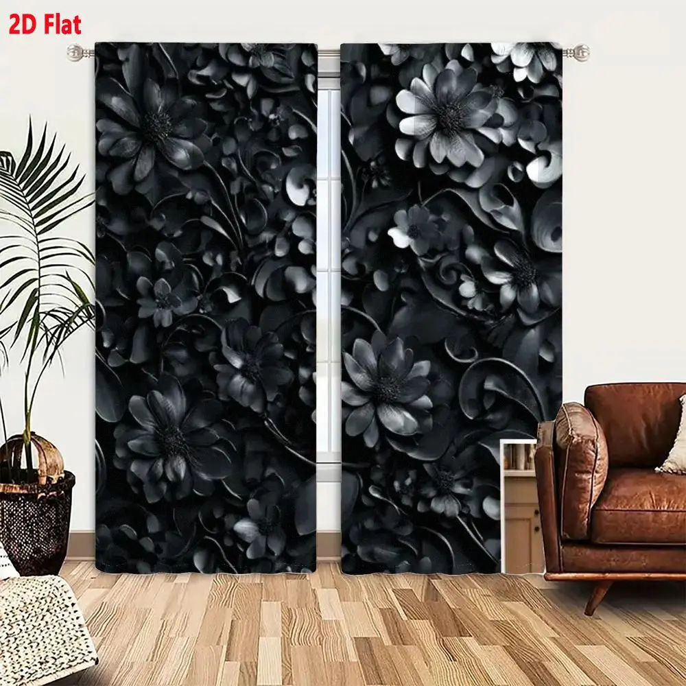 2Pcs Curtains 2D Flat Black And White Intricate Floral Design Wallpaper With Dense Textured Pattern Overlapping Leaves Vines And