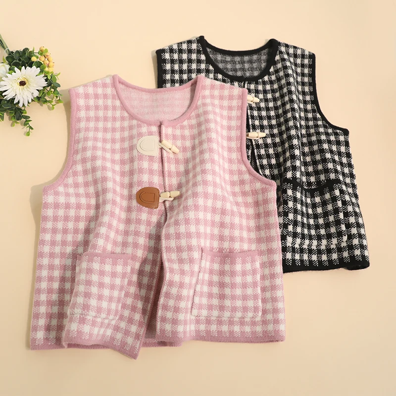

Sweet Sle Knitted Vest Women's Svel Plaid Corner Button Vest Fre Pink Cheered Design Age Reduction Faion Trend