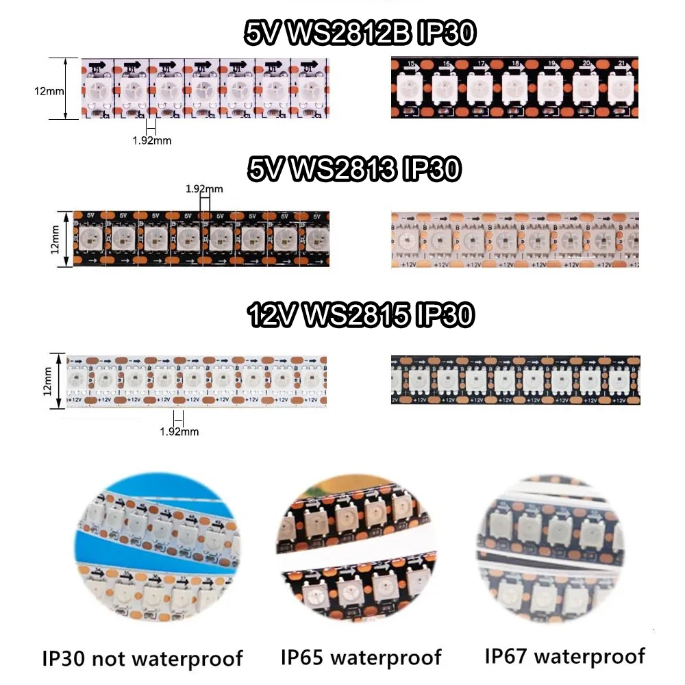 WS2812B WS2813 WS2815 SMD 5050 RGBIC LED Strip Light 144Pixels Individually Addressable Smart LED Tape Lighting IP30/IP65/IP67