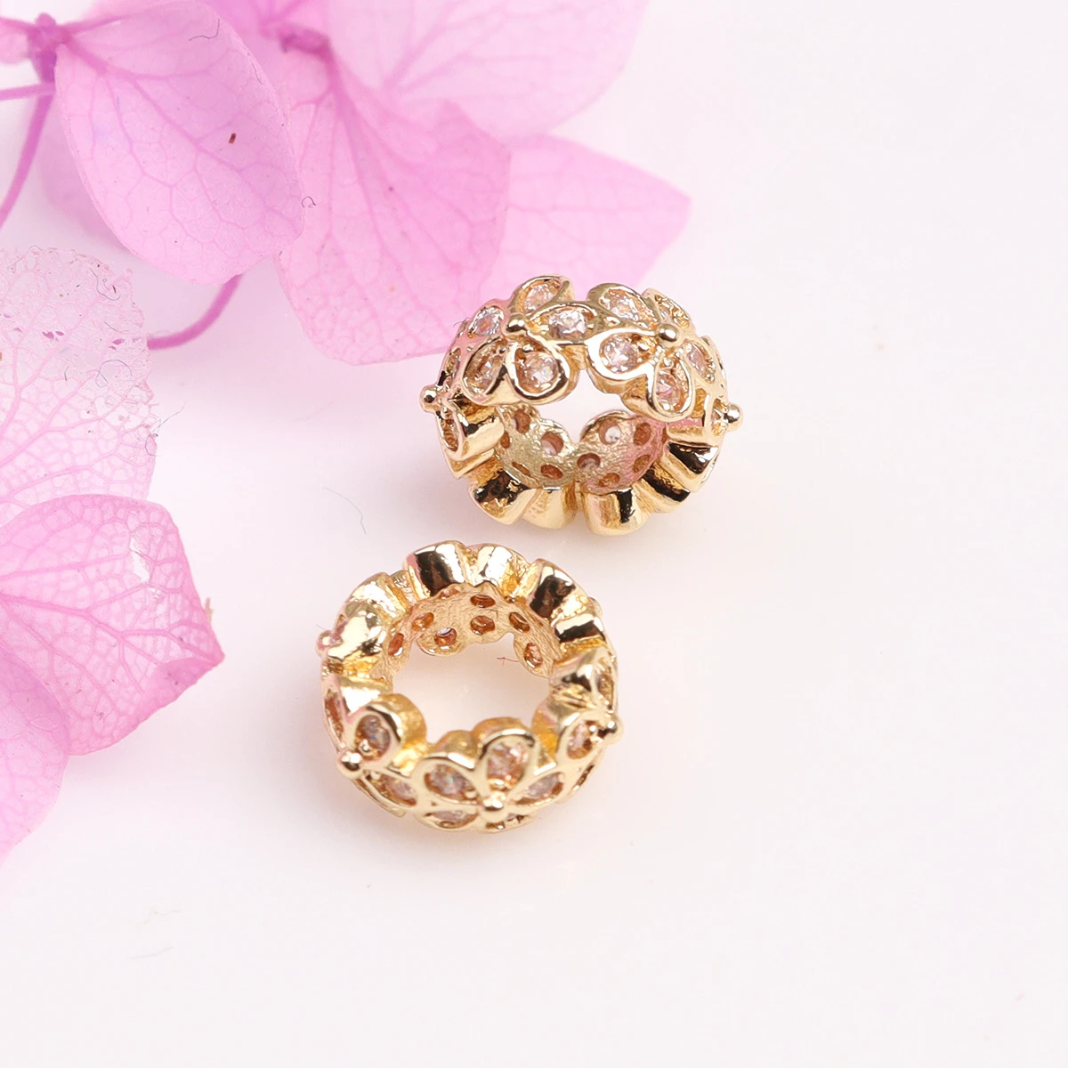 Big Hole Rhinestone Embellished Round Flower Ring Bead 14K Bloom Circle Charm 10 pcs