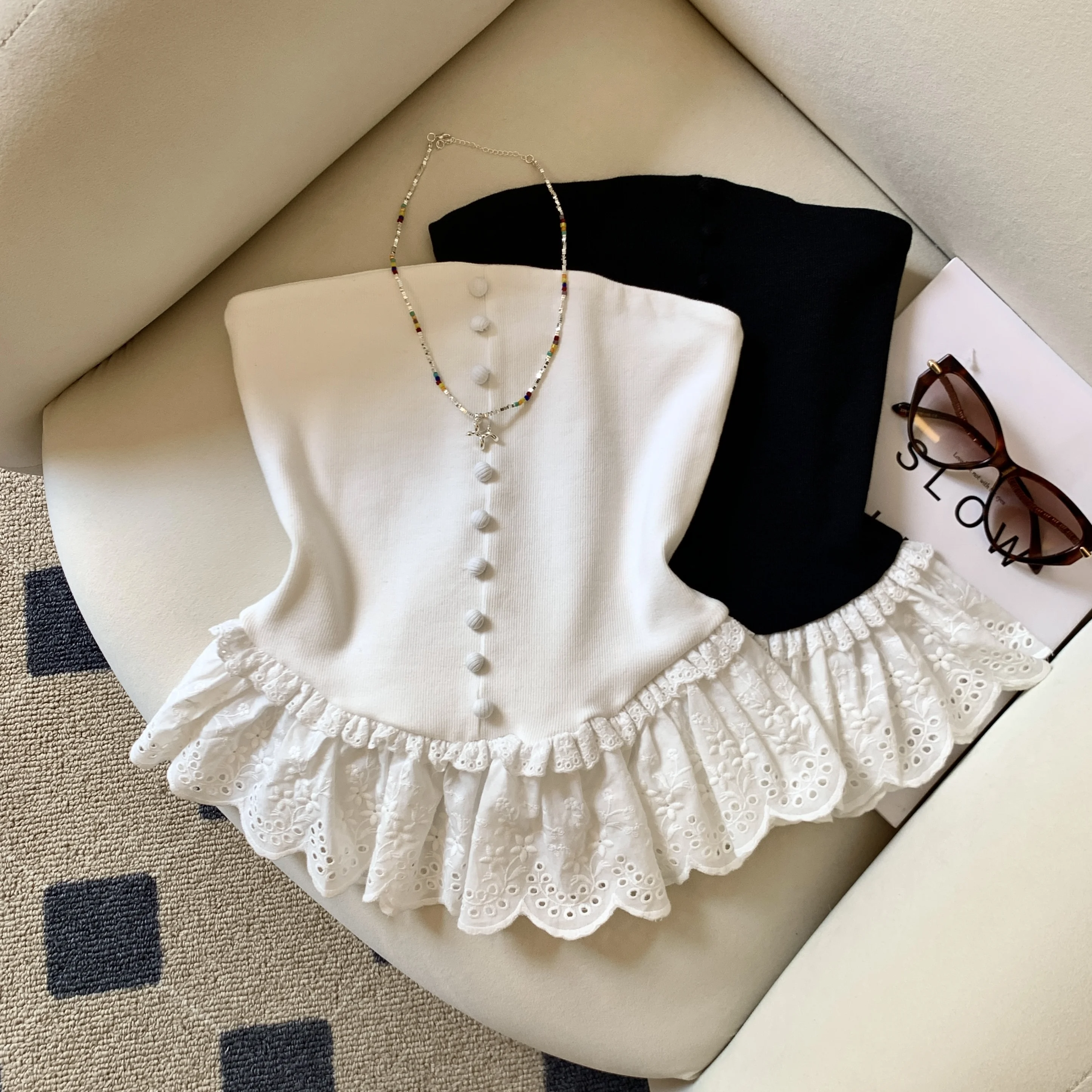 

Pure Desire One-Shoulder Lace Patchwork Button Women's Sexy Slim Fit Top Summer New Style Commute Artistic Style Sleeveless