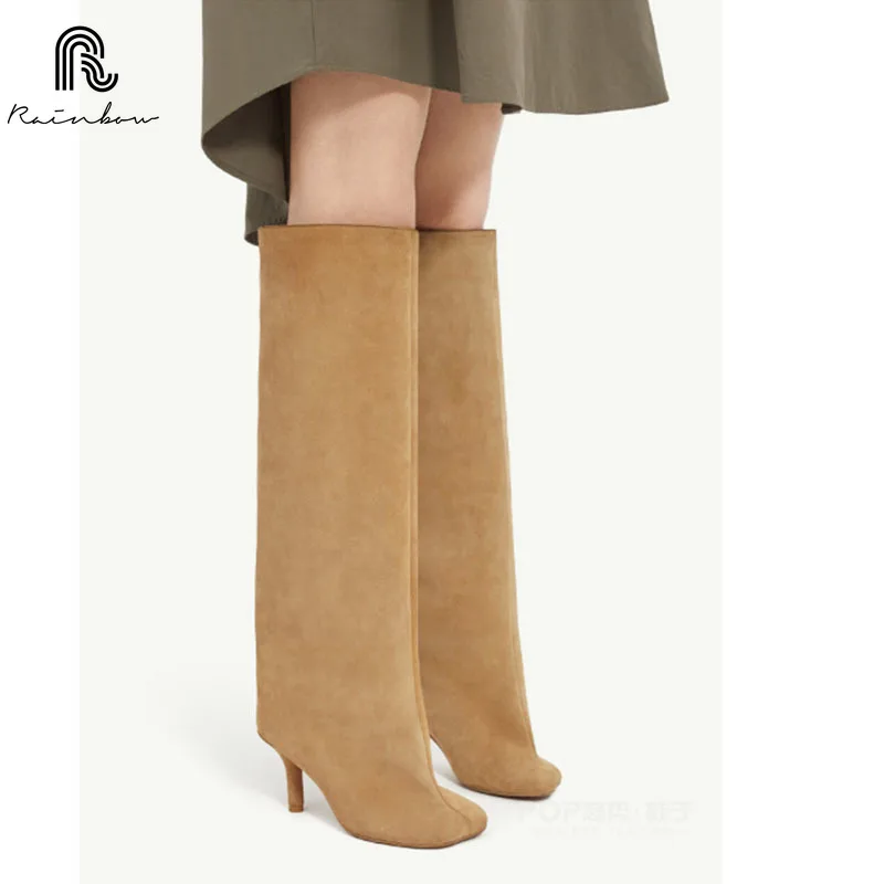 

RAINBOW 34-43 New Autumn/Winter Fashion Wide Heel Long Knight Boots for Women with Thin Heels and Knee Length Thigh High Boots