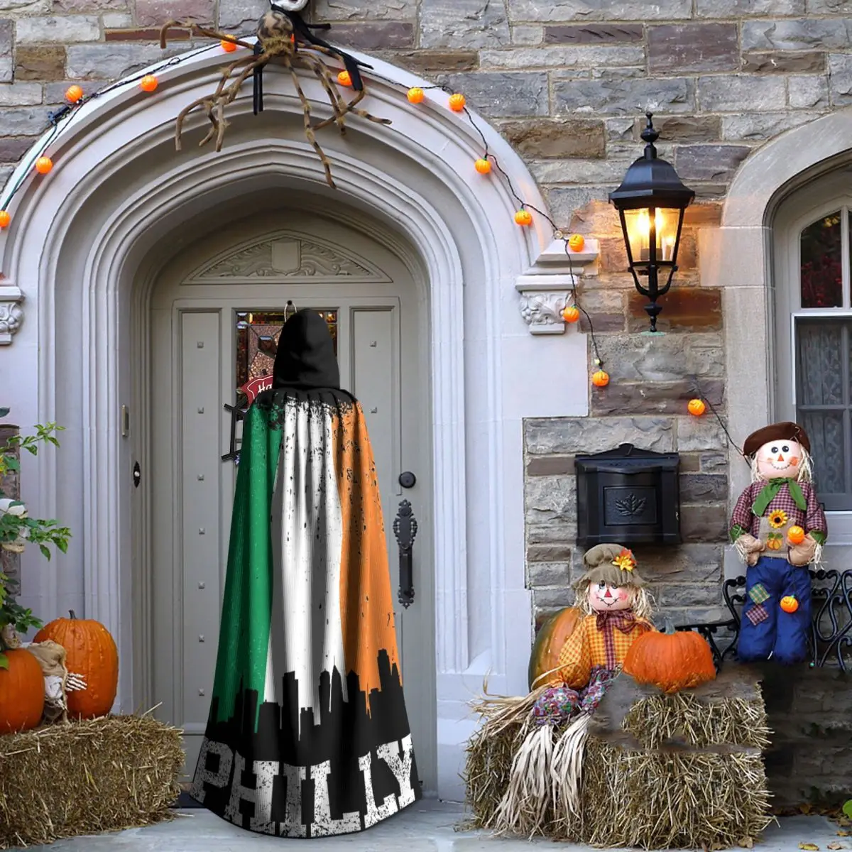 빈티지 필라델피아 아일랜드 국기 필리 스카이라인 프라이드 긴 후드 망토 마녀 중세 의상 코스프레 케이프 할로윈 파티