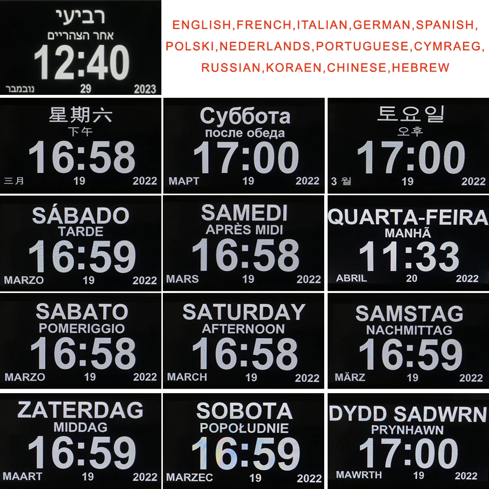 Orologio calendario a 12 allarmi LED con più lingue da visualizzare. Promurare lavoro e pianificazioni. Un promemoria del tempo di medicina per gli