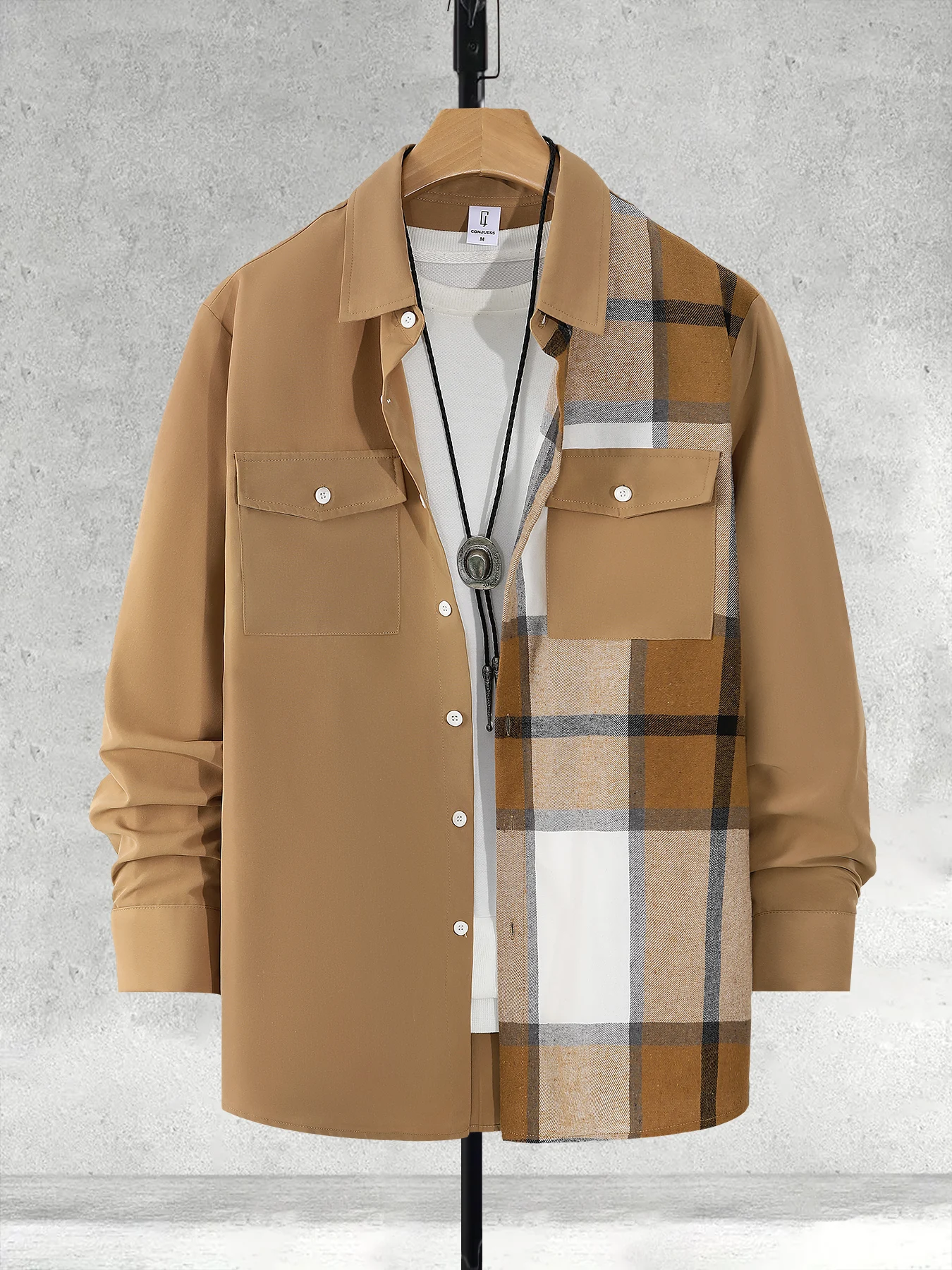 

Men's Khaki Plaid Patchwork Color Block Long Sleeve Shirt Spring American Retro Loose Casual Cargo Jacket