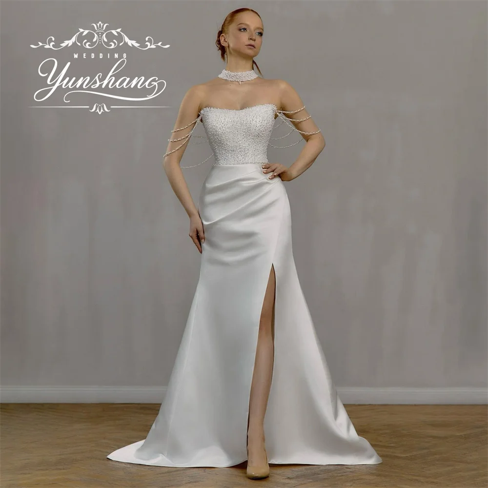 YunShang Customized Ruffles Backless Mermaid Wedding Dress Sweep Train Pearls Beading Stain High Split Off Shoudler 2025 Luxury