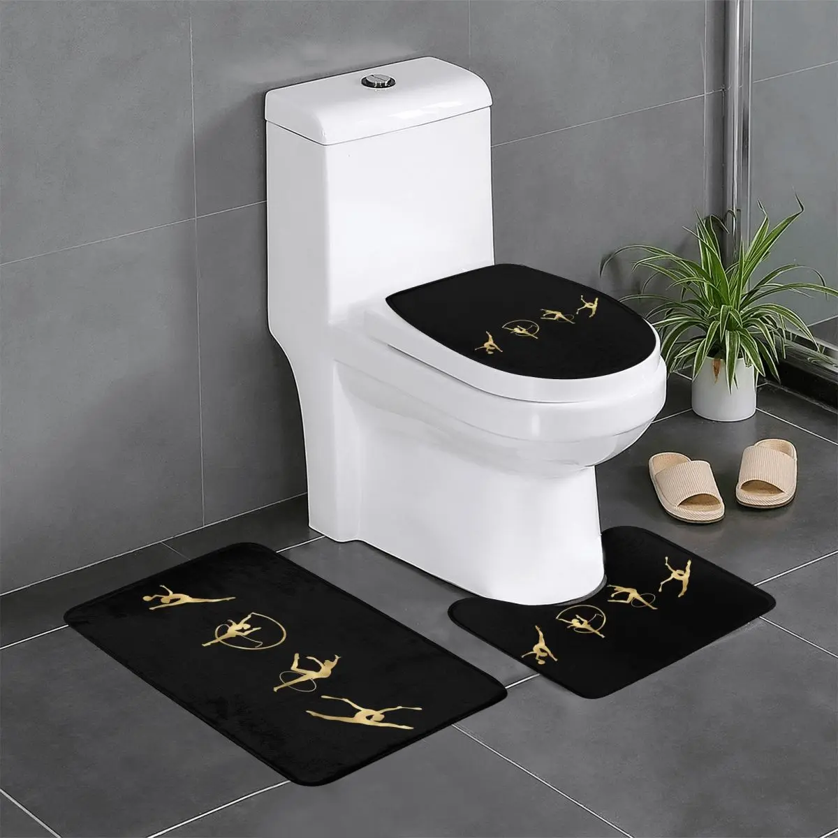 

Custom Rhythmic Gymnastics Gold LIne Bathroom Rugs Set 3 Piece Non Slip Toilet Bath Mat Sets