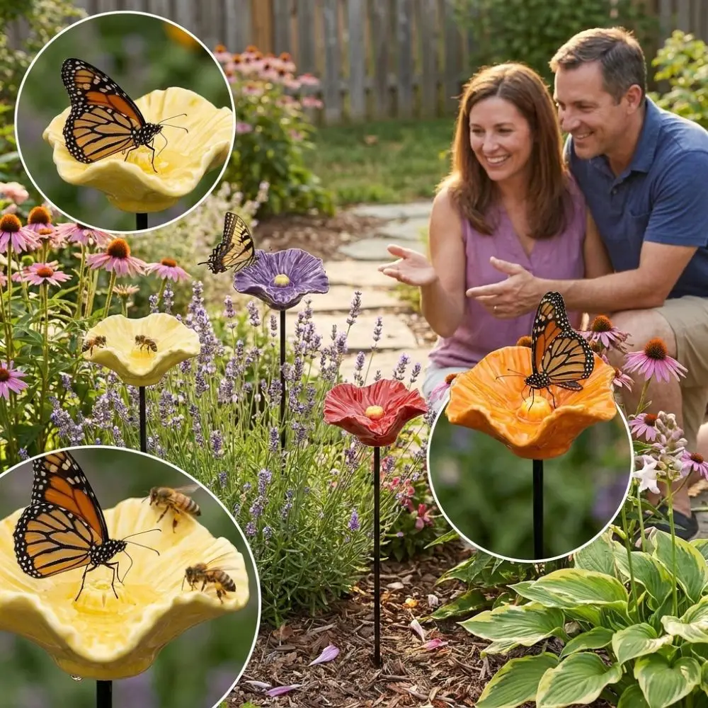 Resin Flower Bee Water Feeder Handcrafted Ground Insert Bird Bath Stand Rust-resistant UV Resistant Insect Drinking Water