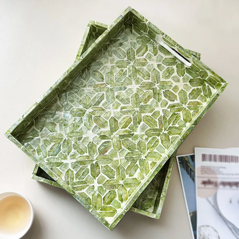 Light Luxury Rectangular Shell Decorative Tray Desktop Storage Tray For Tea Cups Cosmetics Home Living Room Tabletop Organizer