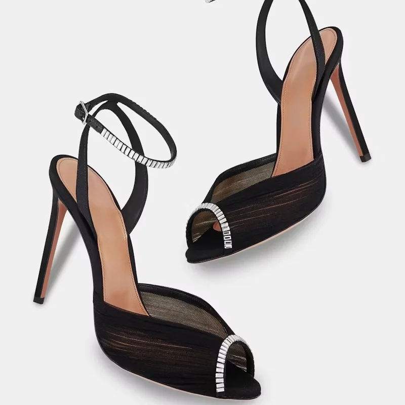 

Newest Black Mesh Fish Toe High Heel Pumps Glitting Sequin Ankle Strap Hollow Women Sandals Modern Female Runway Shoes