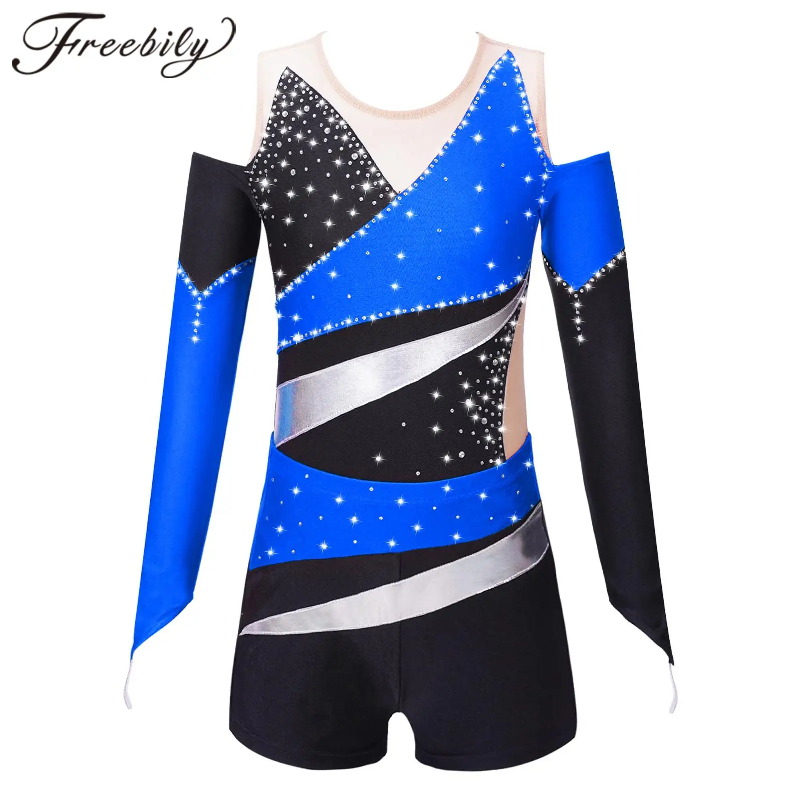 Kids Girls Ballet Dance Sets Long Sleeve Shiny Rhinestone Gymnastics Leotards with Shorts Ballet Unitard Ice Skating Costume