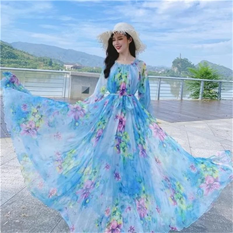 To The Ankle Chiffon Long-sleeved Dress Women Spring and Summer 2023 New Loose Super Fairy Printed Long Skirt Big Beach Skirt