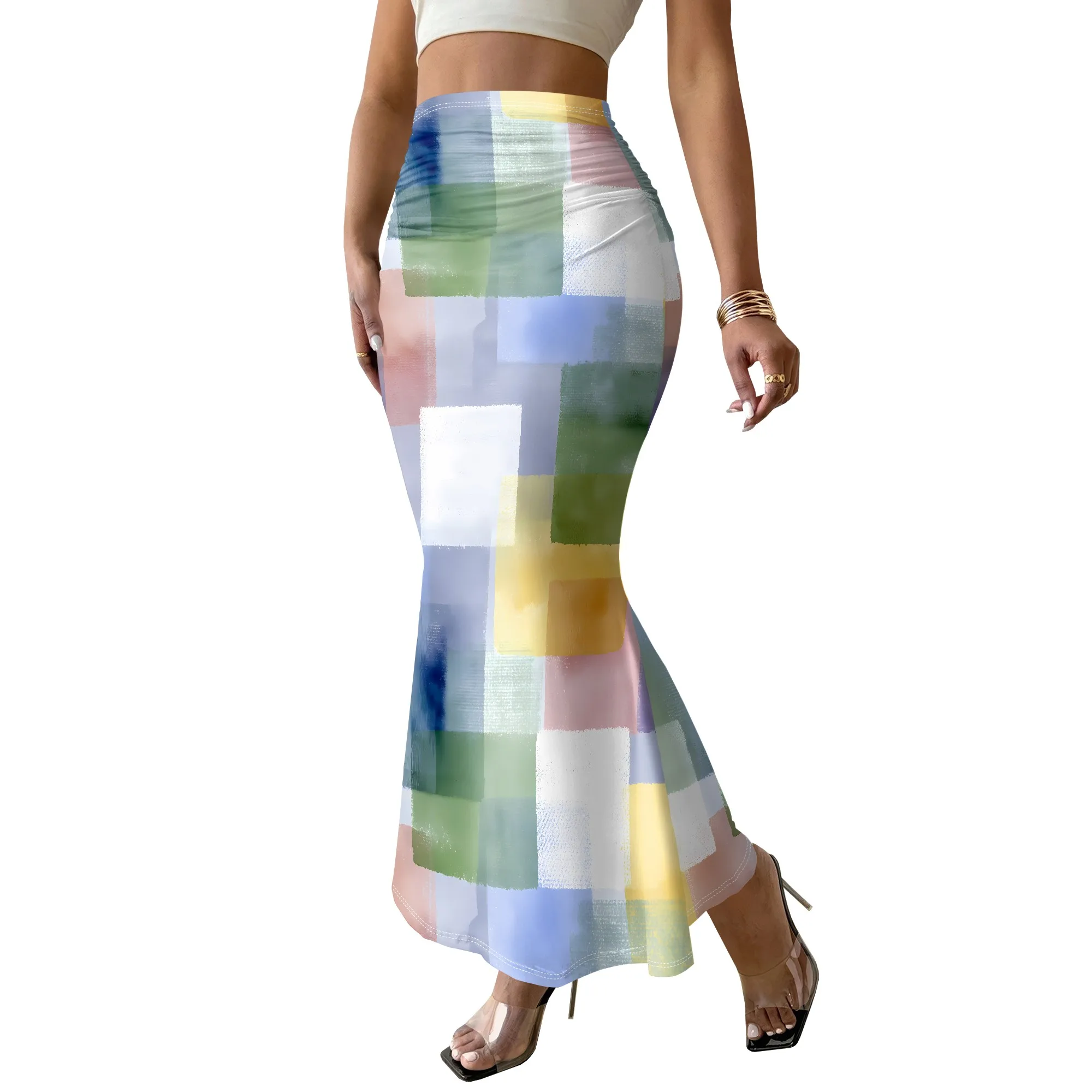 Abstract Art Print Skirt, Color Block Maxi Skirt, Pastel Square Pattern, Summer Beach Wear, Elegant Party Bottoms, S-3XL