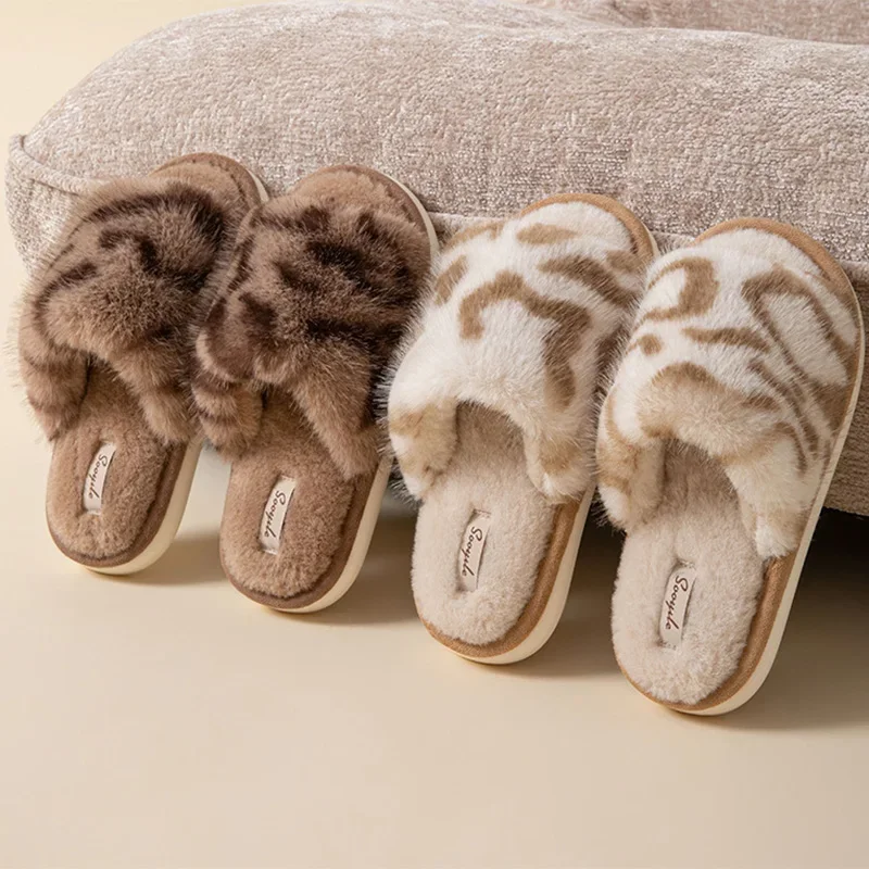 Fur Leopard Pattern Winter  Furry Fuzzy Slippers Women Soft Sole Open Toe House Plush Shoes Woman Comfort Warm Indoor Slippers