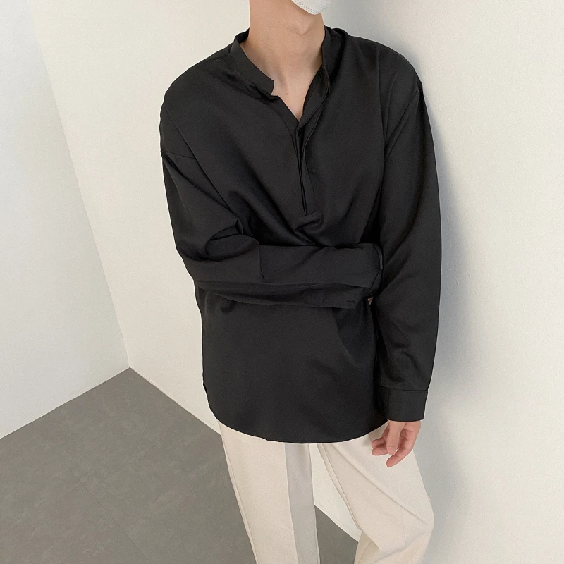 Shirts Men Solid Autumn Simple Korean Style Tops Long Sleeve Loose Breathable Side-slit Hem Trendy Casual Chic Popular Business