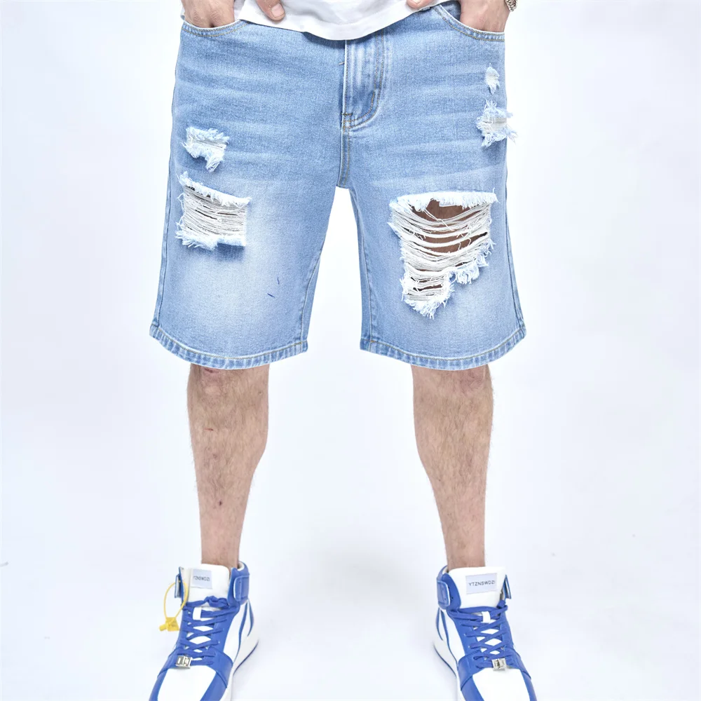 Men Summer Five-point Pants Street Stylish Holes Distressed Solid Slim Male Straight Beach Denim Shorts