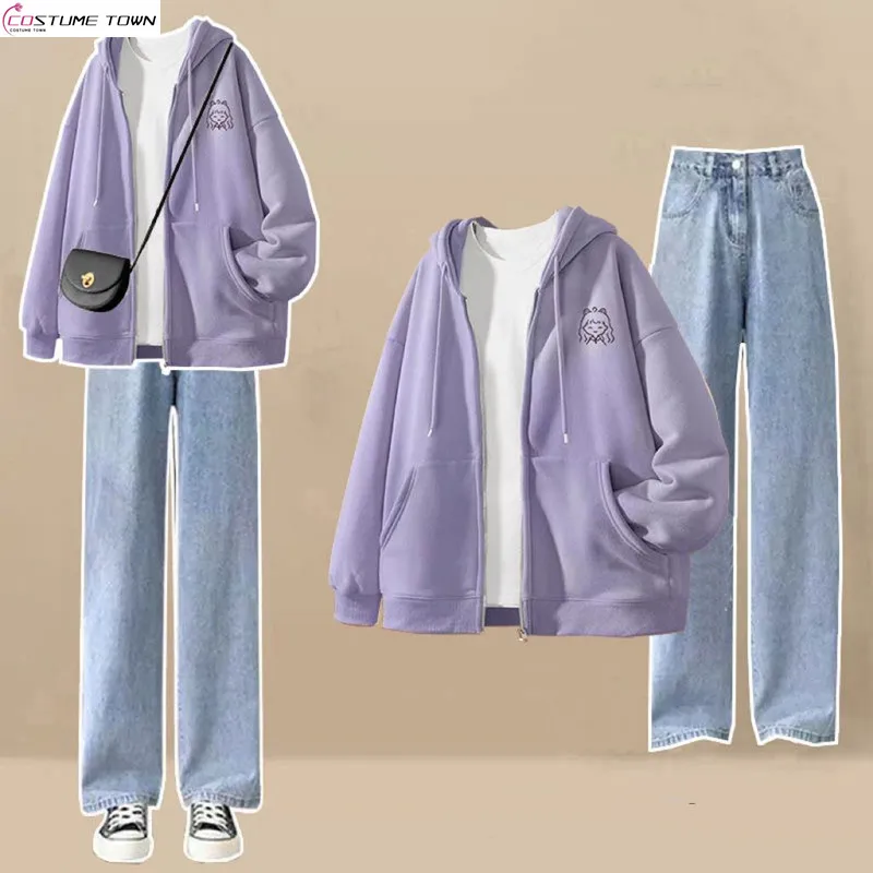 Spring and Autumn Thickened College Set Women\'s Korean Loose Casual Coat+T-shirt+Wide Leg Jeans 3-Piece Set