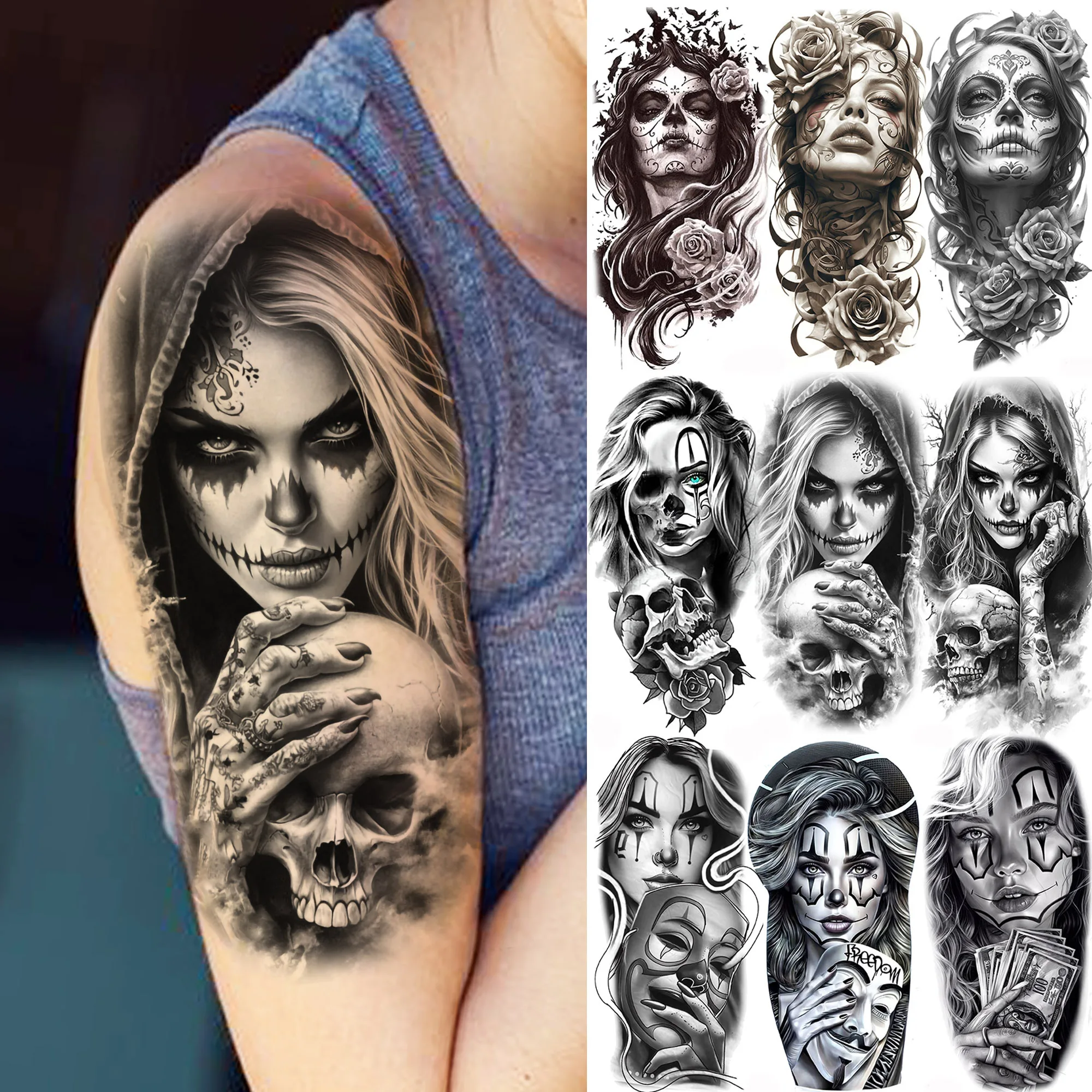 

1 Sheet Trendy Women Face With Skull Mask Temporary Tattoos For Men Women Waterproof Realistic Fake Tattoo Stickers Long Lasting