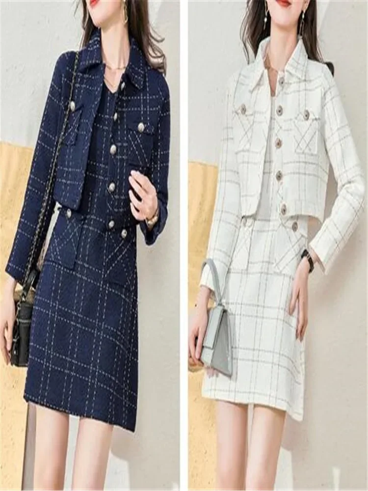 Autumn High Quality Women 2 Piece Set Plaid Tweed Short Jacket Coat+A-Line Mini Vest Dress Elegant Fashion Party Dresses Suit