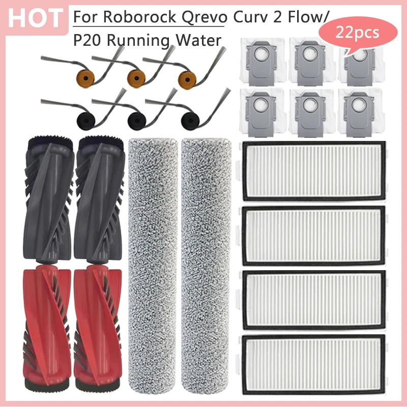 Ersatz für Roborock Qrevo Curv 2-Flow-Staubsauger, Hauptbürste, Rollentuch, HEPA-Filter, Staubbeutel, Seitenbürste, Zubehör