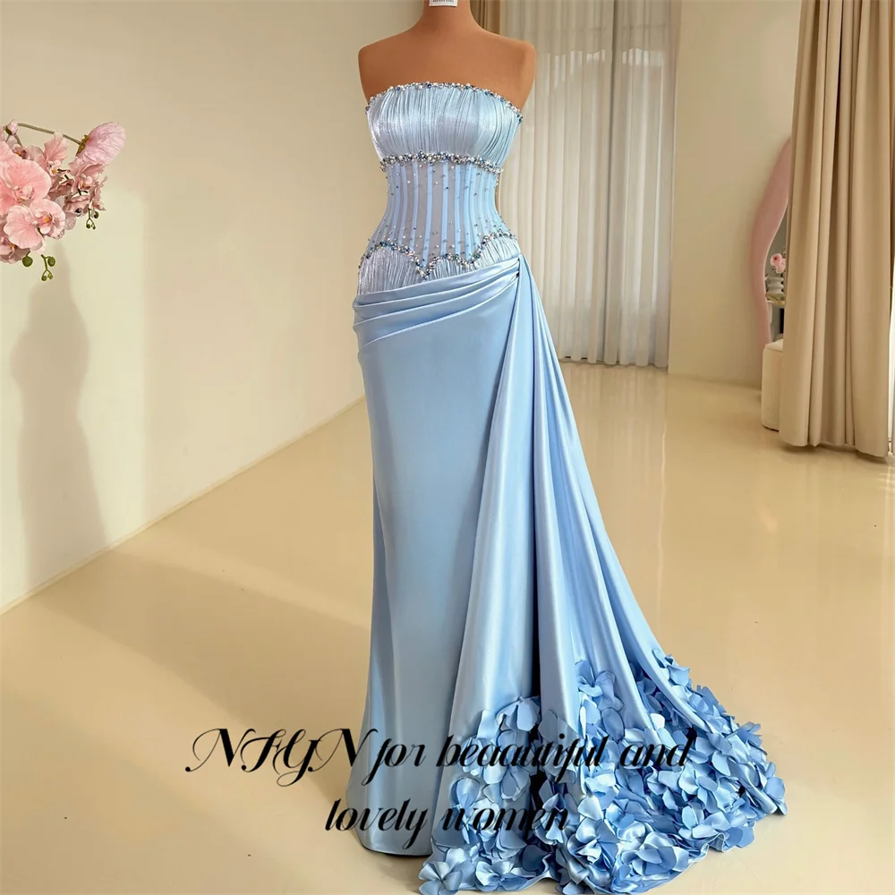 NFYN Blue Prom Dresses Strapless Sleeveless Celebrity Dresses Beading On Chest Evening Dresses with Flowers Mermaid Customized