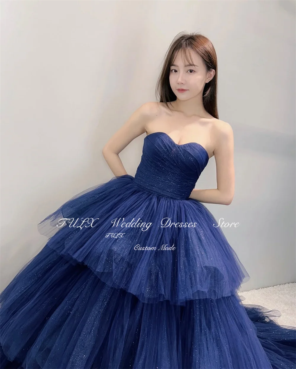 TULX Luxuriöses glitzerndes Tüll-Abendkleid, Korea, Hochzeit, Fotoshooting, blau, herzförmig, langes, gestuftes Partykleid, Korsett, individuell gestaltet, 2025