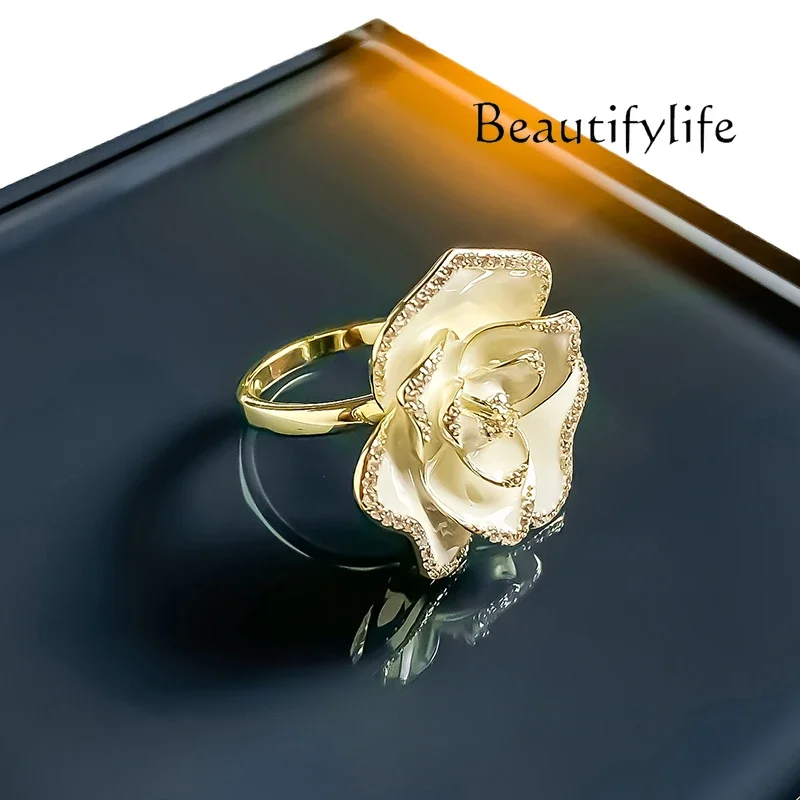 Camellia ring women's white three-dimensional retro unique opening adjustable personality irregular