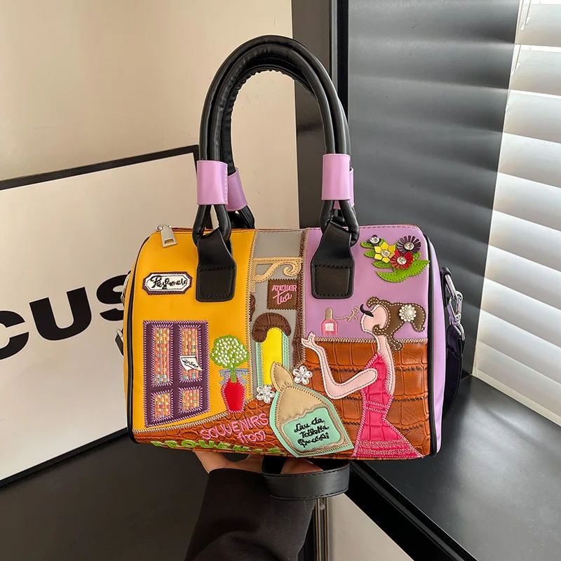 

Embroidered Boston Bag Women Spacious Pillow Bag Top Handle Travel Purse Zipper Detail Shoulder Bag Elegant Everyday Crossbody