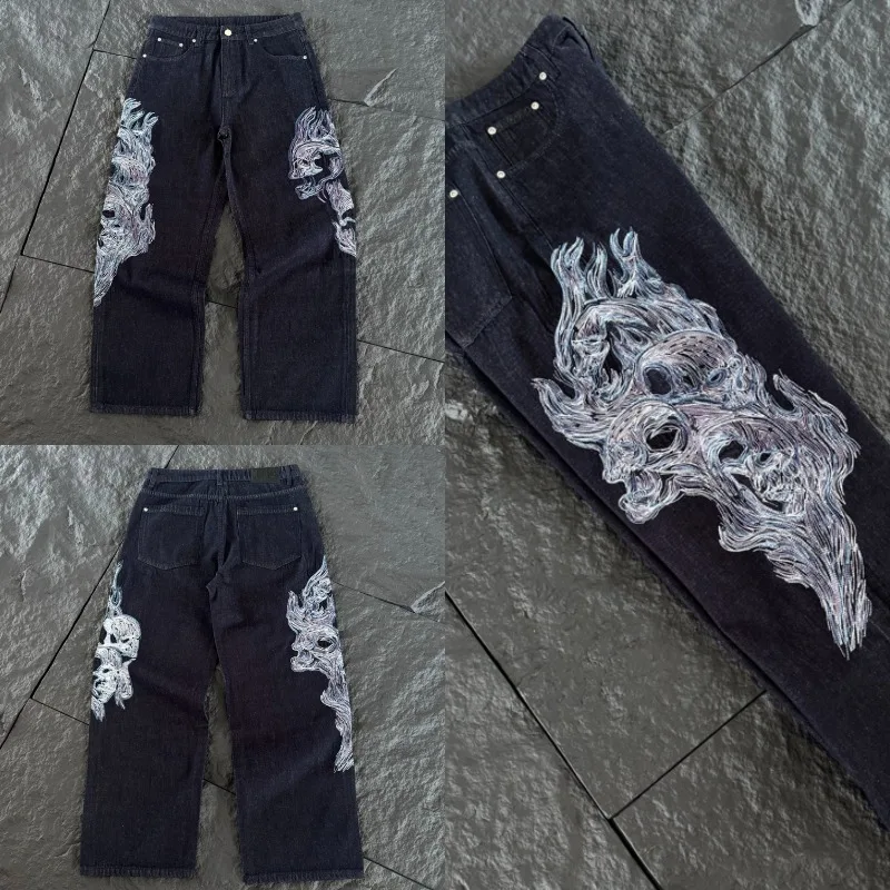 American High Street Embroidered Derschutze Denim Pants Double‑Side Art Pattern Heavy Fabric Men Wide Leg Trousers
