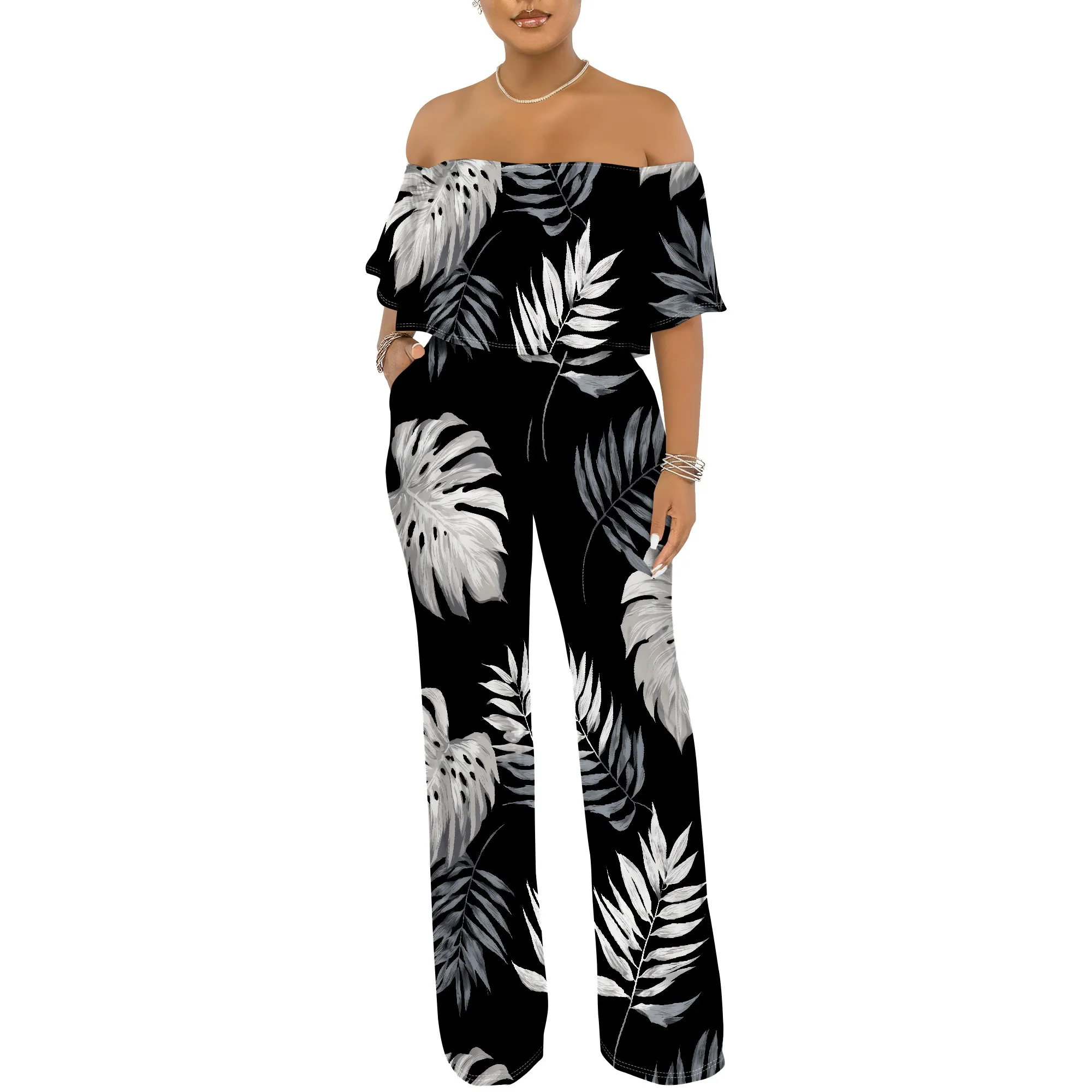 

Women's 2 Piece Summer Outfits Off Shoulder Crop Top Wide Leg Pants Matching Lounge Sets