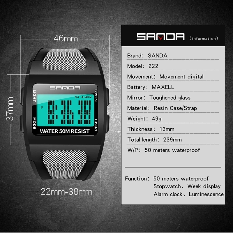 Sanda 222 Men\'s Sports Outdoor Mountaineering Digital Electronic Watch Square Multi functional Waterproof Watch 2024