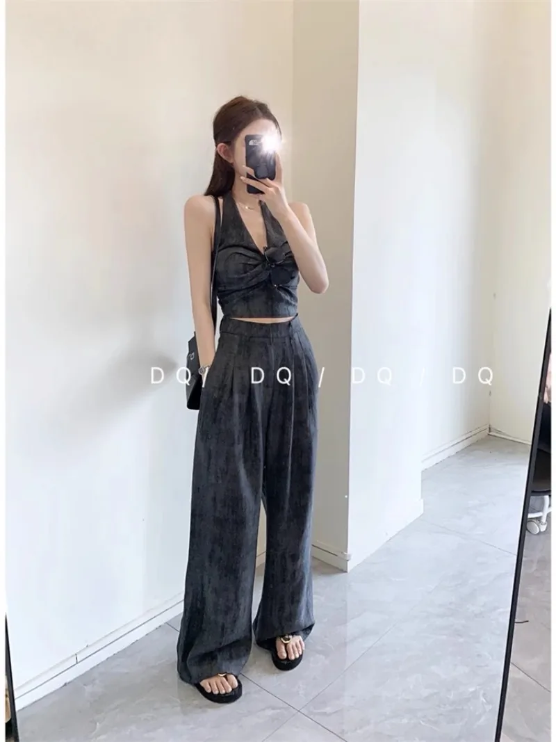 

Fashion Temperament Hanging Neck Vest Top Straight Leg Pants Two-piece Set Lady Tie Dye Shirring Backless Slim Summer Spicy Wear