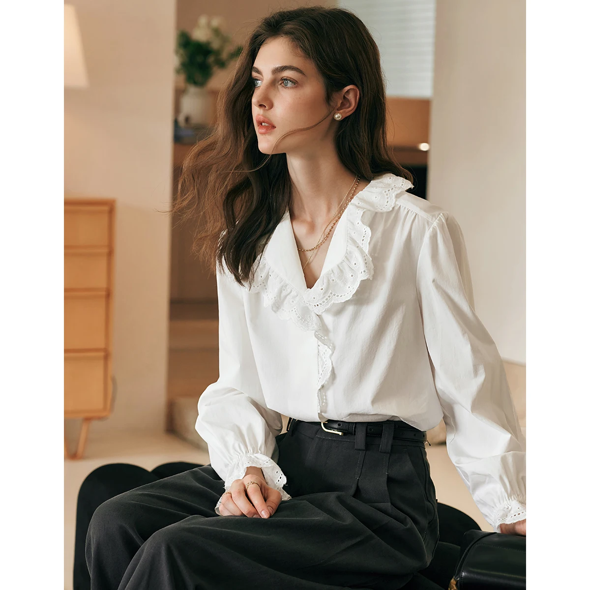 OLrain Ruffled V Neck Women Shirts 2025 Spring Summer Butterfly Sleeve Straight Solid Color Single Breasted Blouses M57CC95680