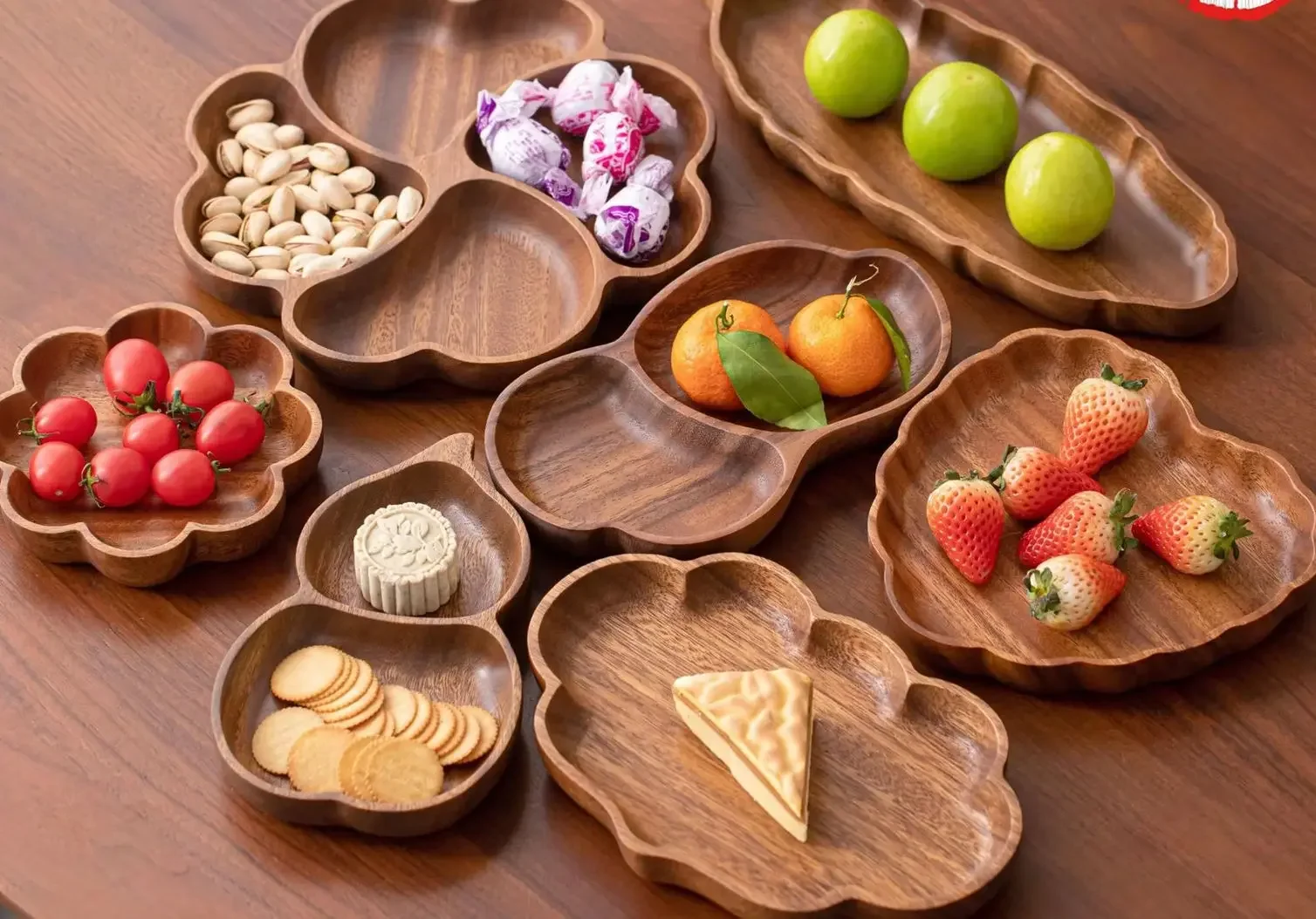 Wooden Divided Serving Tray,Chinese Style Snack Fruit Plate for Coffee Table,Premium Home Decor Ornament for Living Room&Kitchen