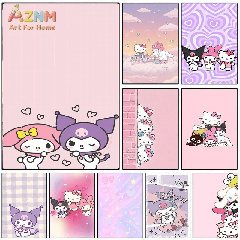 Sanrio Kuromi My Melody Canvas Wall Art Unframed Print Sweet Pink Heart Cartoon Poster for Bedroom Dorm Home Interior Wall D