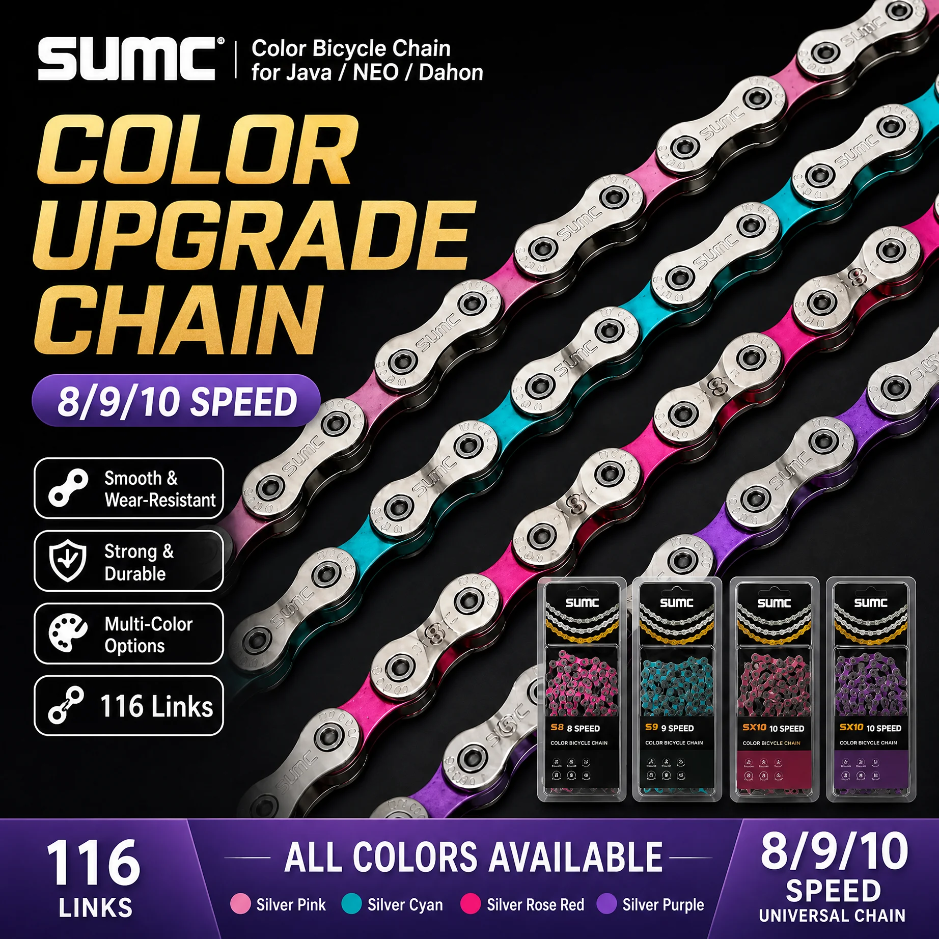 

SUMC Crescent Hollow Bike Chain 12-Speed Rainbow Ultralight High Strength Chain for Mountain & Road Bicycles