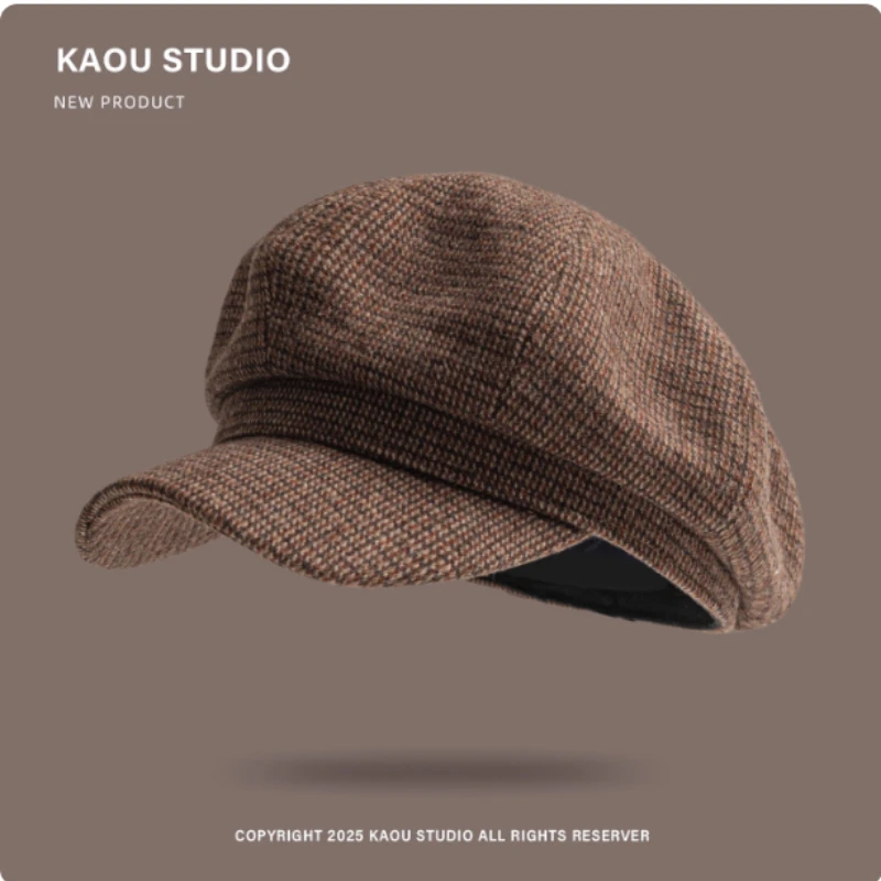 Japanese Literary Retro Woolen Blend Octagonal Newsboy Caps for Men and Women Autumn and Winter British Warm Versatile Print Hat