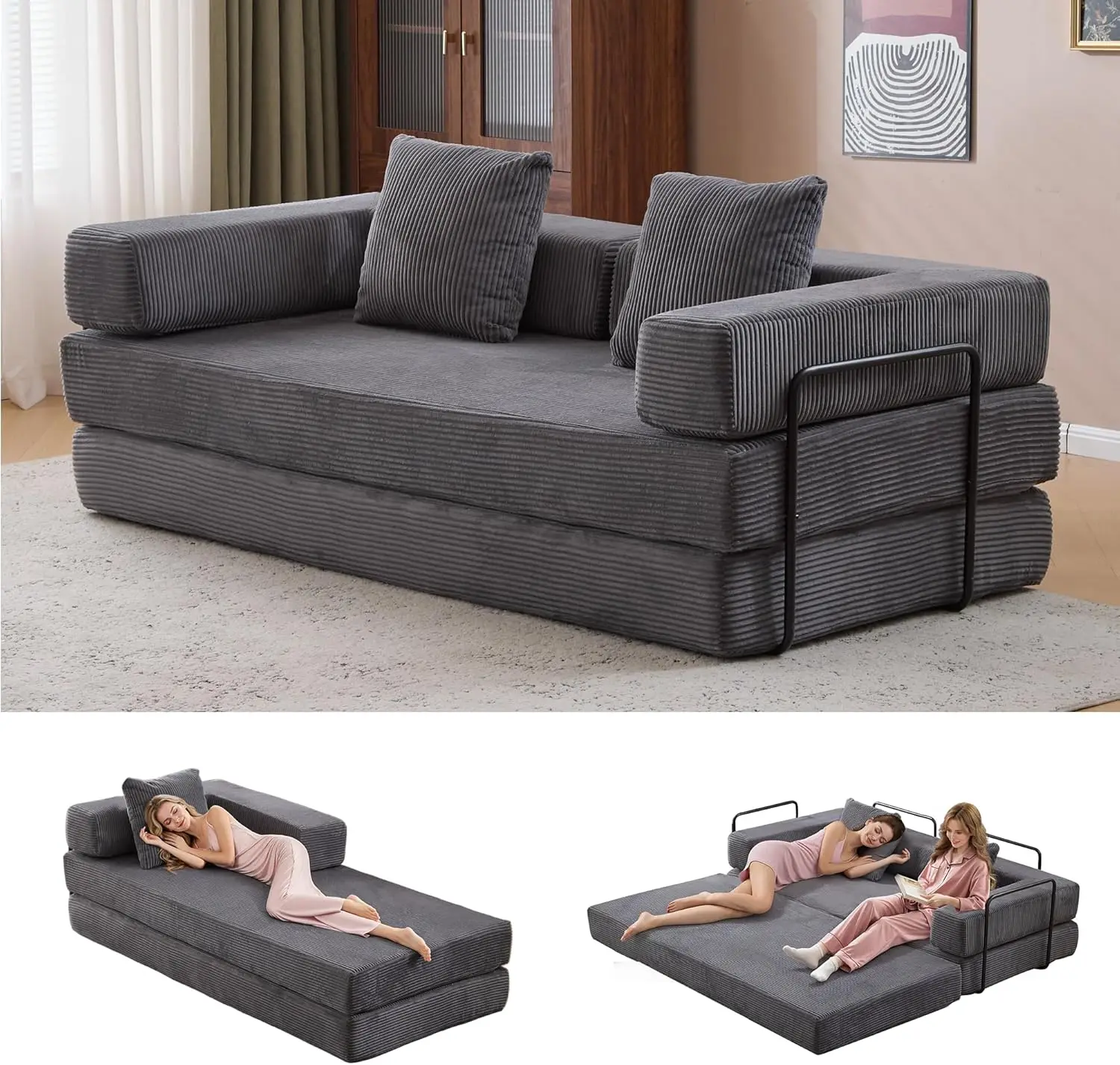 

77" Corduroy Foldable Loveseat Sofa, King Size Floor Mattress Couch for Living Room | No Assembly Required | Memory Foam