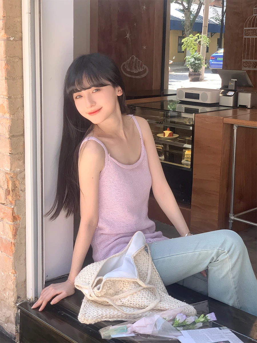 

Простой ромбовидный повседневный Muse ort Statured с кружевной отделкой, свободный топ, женский жилет с ремешком, дизайн из смеси хлопка, летняя мода