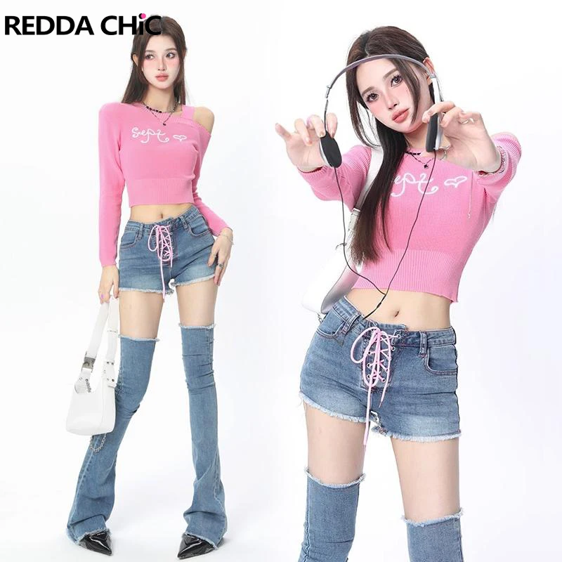 ReddaChic 2 Wears Two-piece Pants Set Lace Up Denim Shorts with Leg Warmers Thigh-high Stretchy High Waist Trousers Y2k Clothes