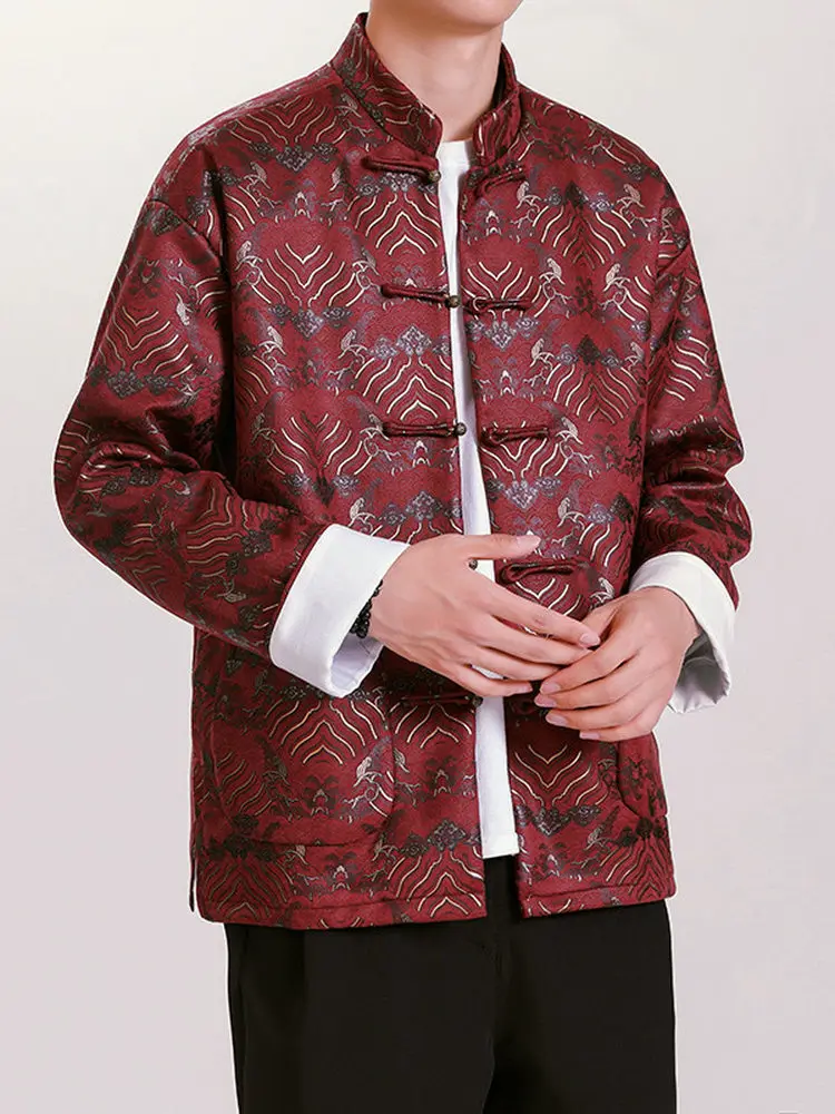 

Men's Traditional Chinese Sle Stand Collar Jaet Wave Pattern Copper Button Couples Outerwear Stand Fit Floral Embroidery