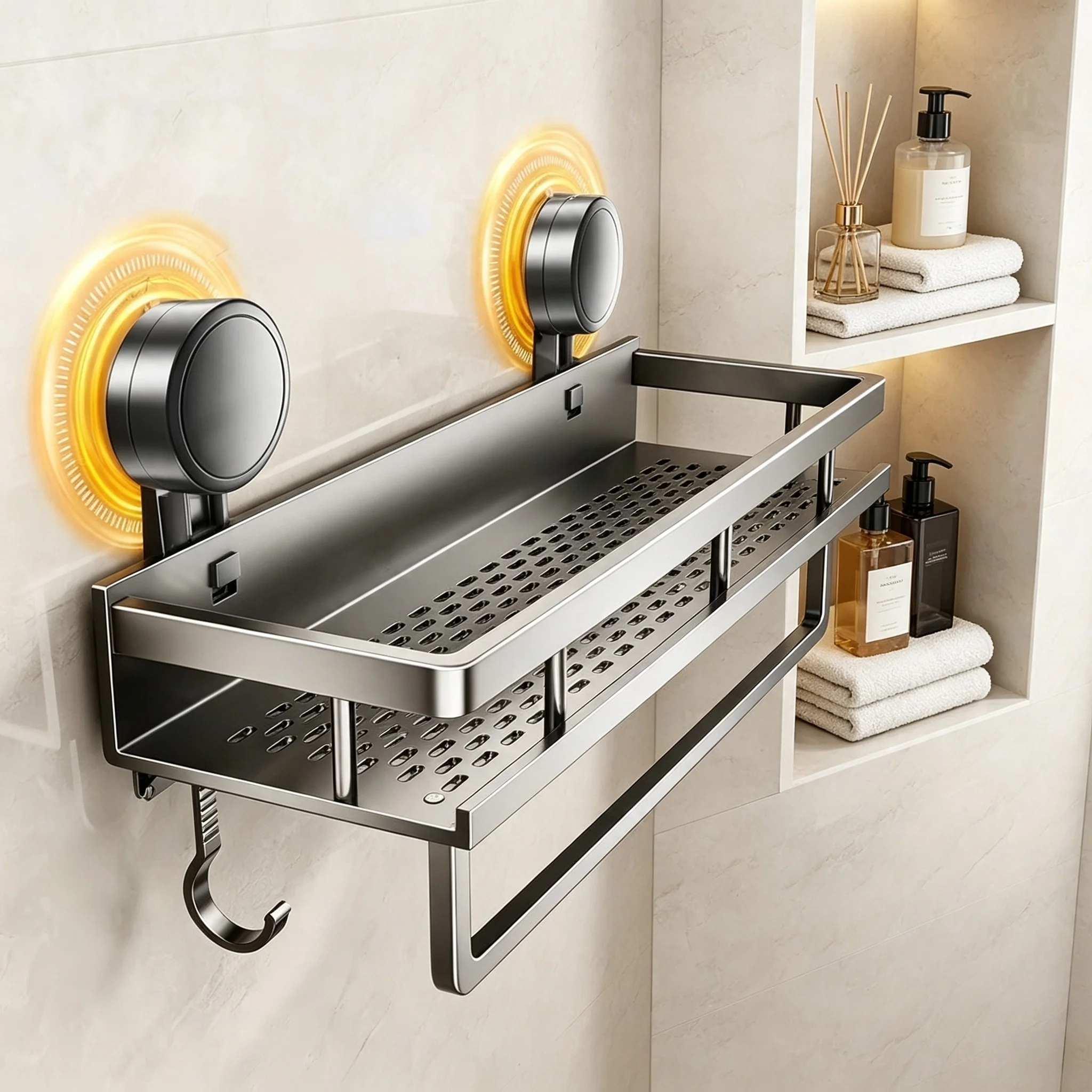 Toilet Space Aluminum Hanging Rack Bathroom Shelf Hang On The Wall No Drill Suction Cup Suction Bathroom Rack Bathroom Organizer