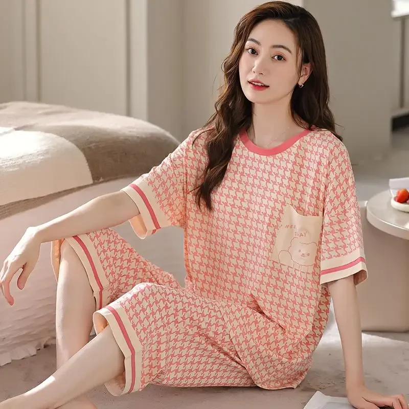 

Women Underwear Lounge Suits Pajamas Print Pajamas Sets Short Sleeve Tops Shorts Two Pieces Loungewear Women Sleepwear Loose