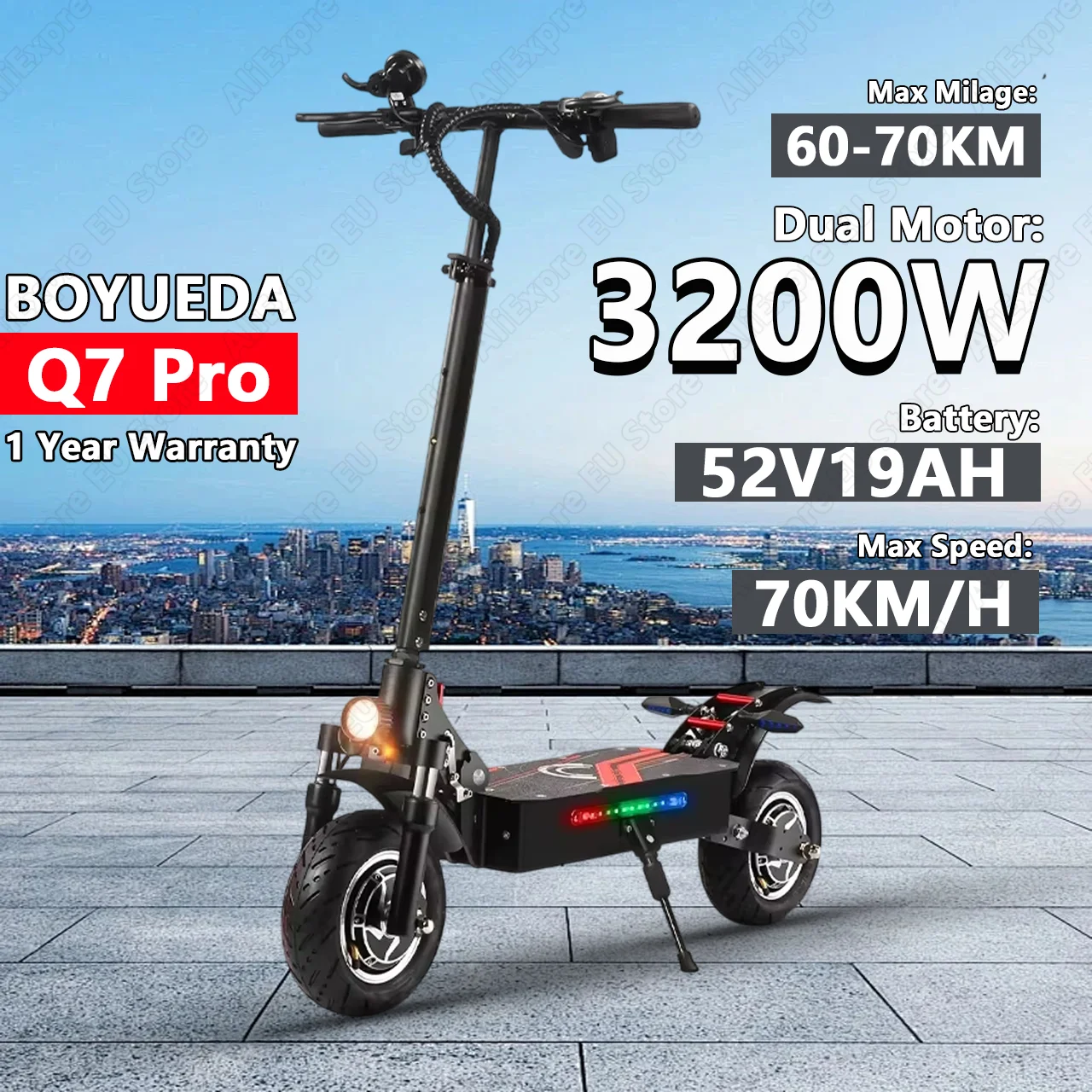 

Boyueda Q7Pro High-Performance Electric Scooter With 3200W Dual Motor 52V19Ah Battery 10x3.5 Inch Tires for Long Range E-Scoote
