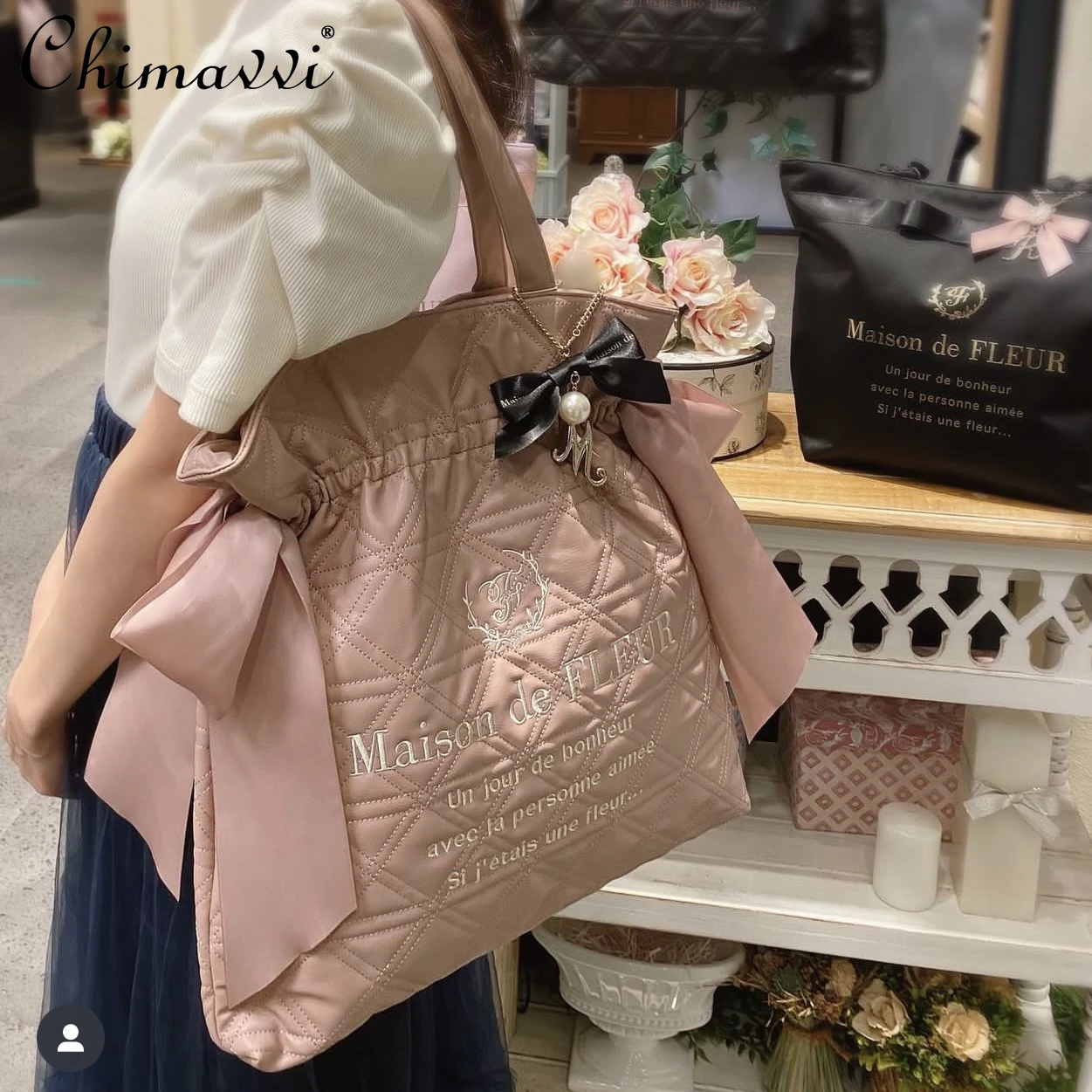 Japanese New Sweet Girl Big Shoulder Bag Cute Fashion Double Bow Rhombus Pu Embroidery Commuter General Computer Handbag